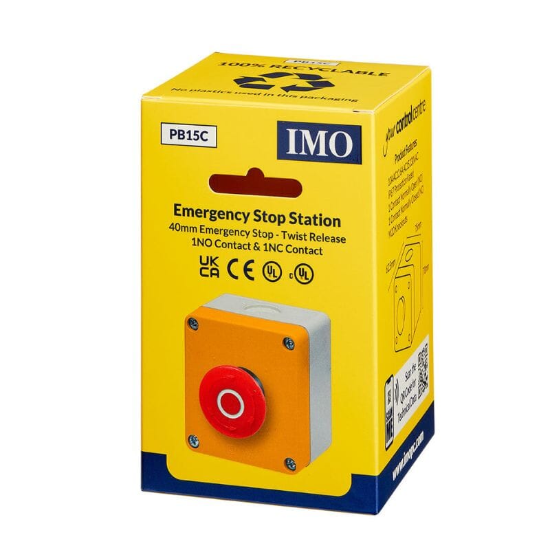 IMO Emergency Stop Station | Emergency Stop Station 40mm Twist To Release Red Button, Yellow Top Enclosure 1NO + 1NC Contacts
