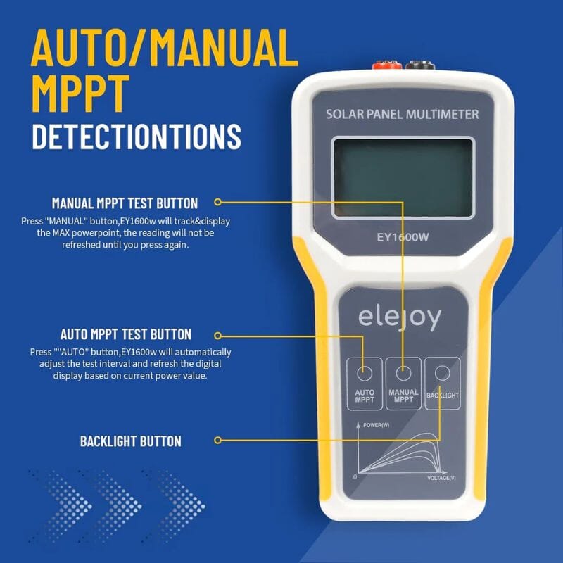 Elejoy 1600W MPPT Solar Panel Multimeter & Watt Meter | Portable PV Performance Tester | No Battery Required | Includes MC-4 & Alligator Clips