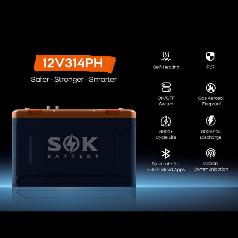 SOK 314Ah 12V LiFePO4 Battery | 3.7kWh | Bluetooth, Built-In Heater + CANBus | SK12V314 | 4,000–8,000 Cycles | 7-Year Warranty - ShopSolar: Complete Solar Kits + Lifetime Customer Support