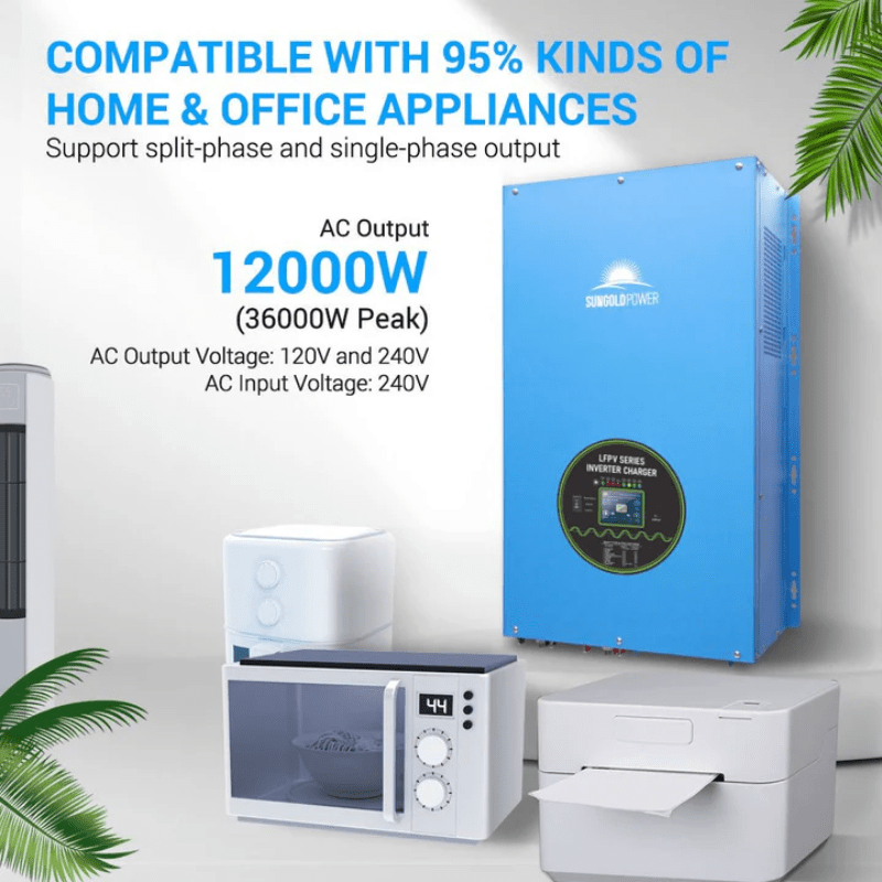 Sungold Power 12kW 48V Split-Phase Pure Sine Wave Inverter Charger | 36,000W Surge | 120/240V Output (240V Input) | 115A Charger (PFC) | AGS + Remote + BTS | No MPPT - ShopSolar: Complete Solar Kits + Lifetime Customer Support