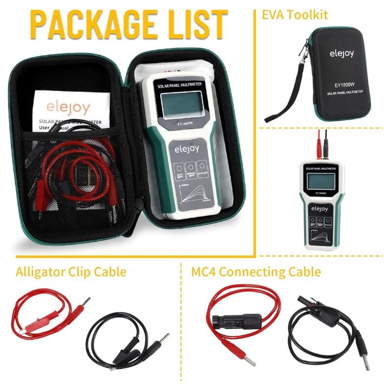 Elejoy 1800W MPPT Solar Panel Multimeter & Watt Meter | Portable PV Performance Tester | No Battery Required | Includes MC-4 & Alligator Clips