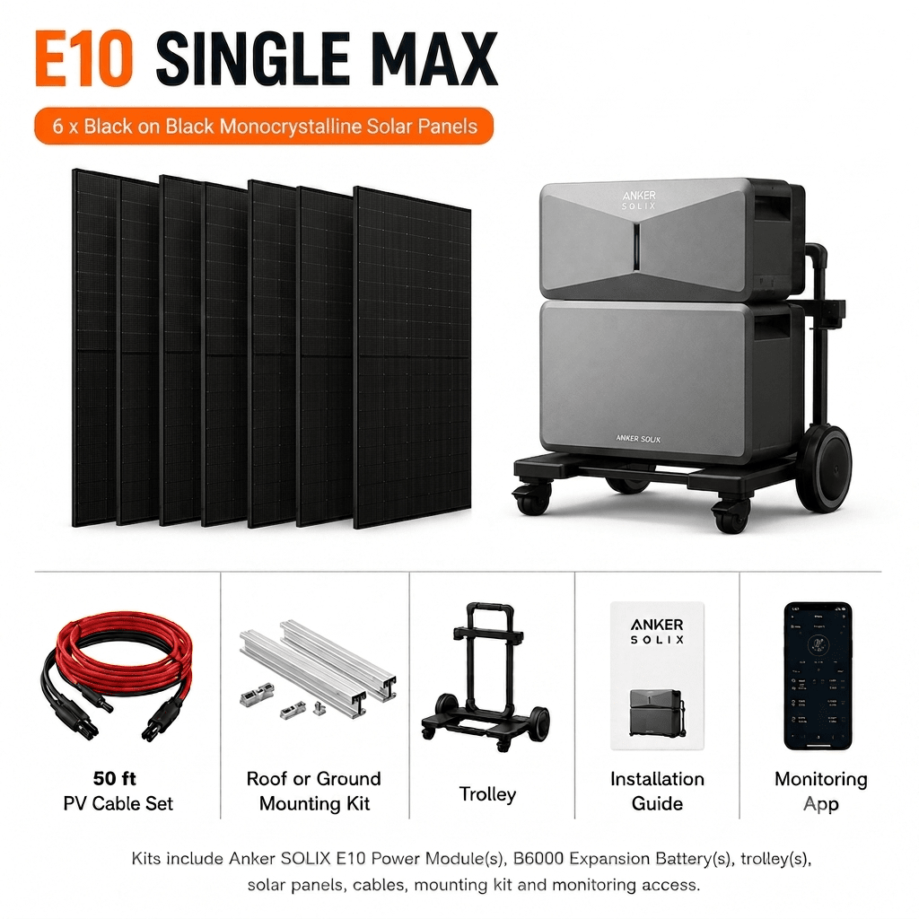 Anker SOLIX E10 - 7.6kW Output + 6kWh Battery | Whole Home, Off-Grid, Hybrid Solar Power System | Choose Complete Bundle