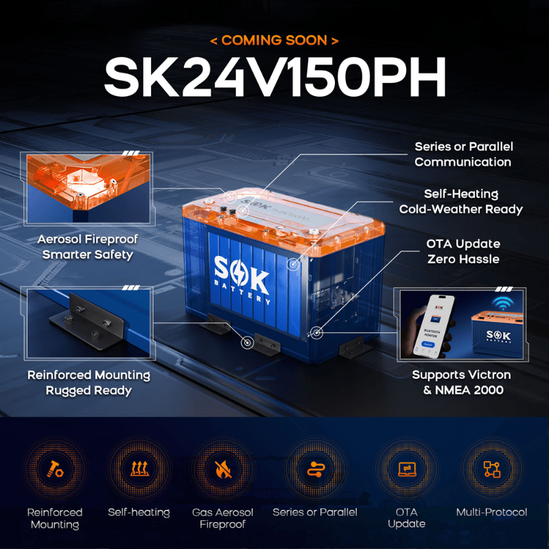 SOK 150Ah 24V LiFePO4 Battery | 3.84kWh | Bluetooth, Built‑In Heater + CANBus | SK24V150PH | 15,000+ Cycles | 7‑Year Warranty - ShopSolar: Complete Solar Kits + Lifetime Customer Support