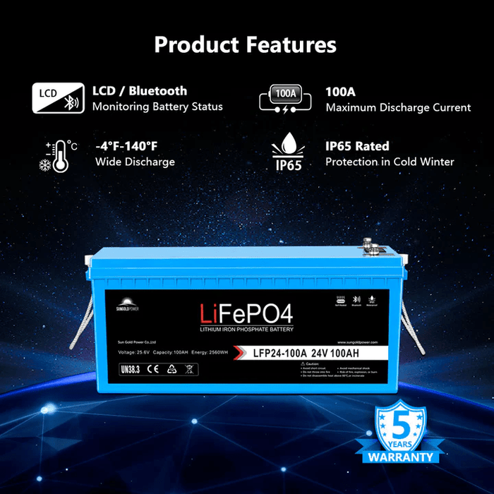 SunGold Power 24V 100Ah LiFePO4 Deep Cycle Lithium Battery Bluetooth / Self-heating / IP65 - ShopSolar.com