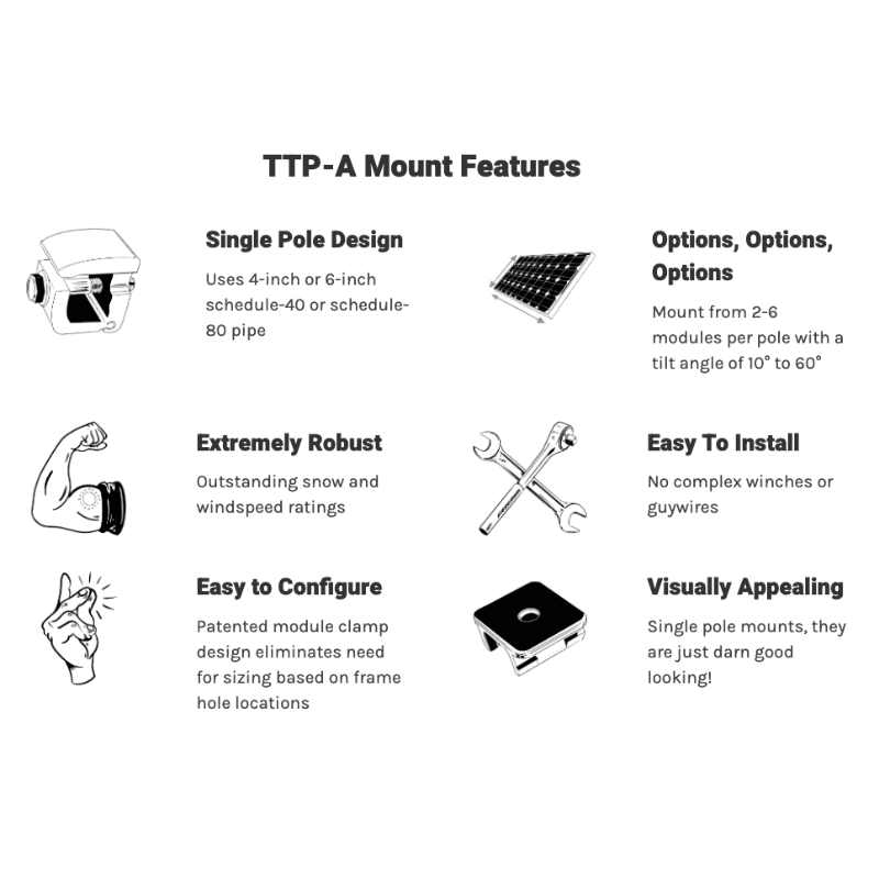Tamarack Solar Top of Pole Mount for 4 Modules | 6" Sch 40/80 Pole | 10°–60° Tilt | Up to 45.5" Wide | TTP-A-4-93 - ShopSolar: Complete Solar Kits + Lifetime Customer Support