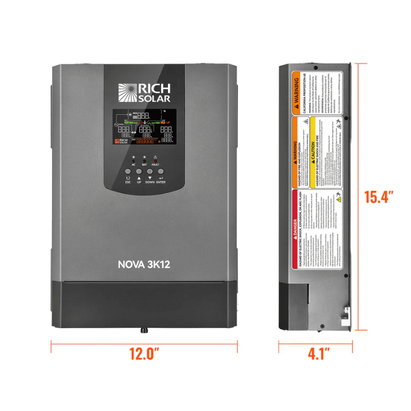 Rich Solar NOVA 3K12 | 3,000W 12V Pure Sine Wave Inverter with Transfer Switch | UL458 Certified | 6,000W Surge, LCD Display, High Efficiency - ShopSolar: Complete Solar Kits + Lifetime Customer Support