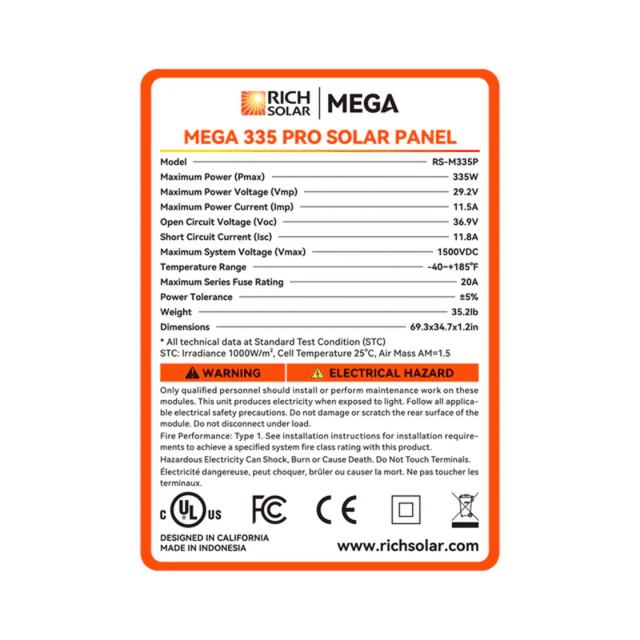 Rich Solar MEGA 335W PRO Solar Panel | 25-Year Output Warranty - ShopSolar: Complete Solar Kits + Lifetime Customer Support