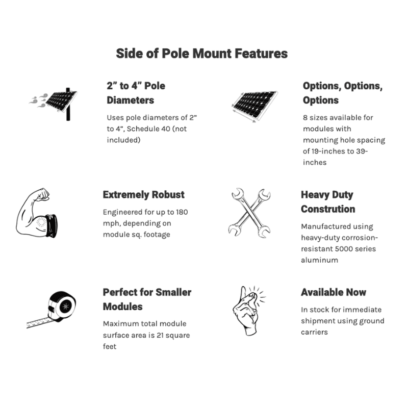 Tamarack Solar Side of Pole Mount | 8 Size Options | 1–2 Modules | 2–4" Sch 40 Poles (03X: 4–6") | 5000 Series Aluminum | Up to 180 MPH Rated - ShopSolar: Complete Solar Kits + Lifetime Customer Support