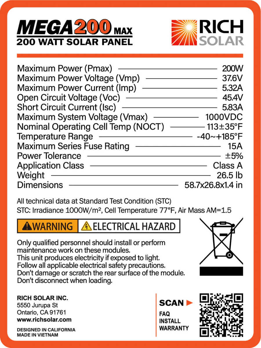 Rich Solar 200 Watt 24 Volt Solar Panel | Monocrystalline | High-Efficiency - ShopSolar.com