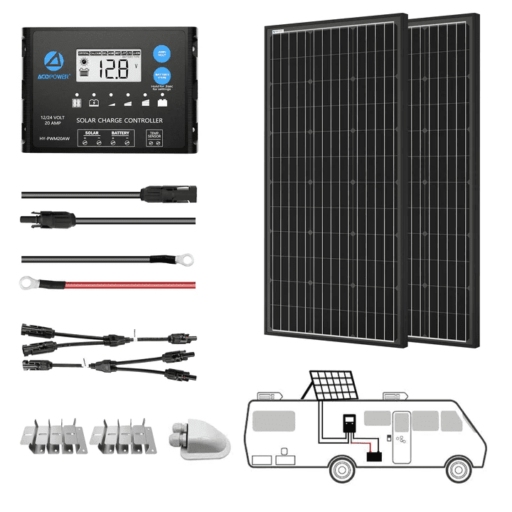 2 x 100W Mono RV Kit w/ 20A Charge Controller