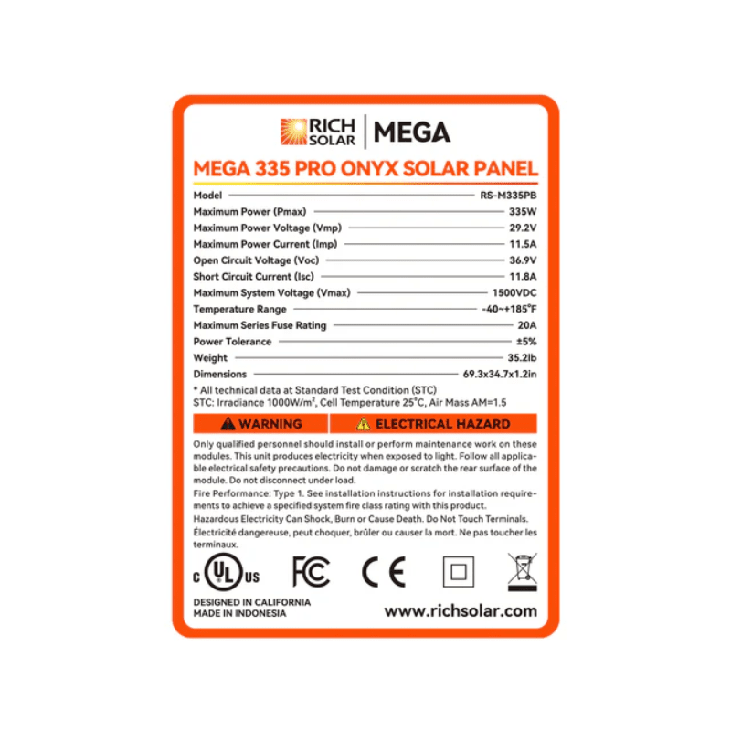 Rich Solar MEGA 335W PRO Solar Panel | 25-Year Output Warranty - ShopSolar: Complete Solar Kits + Lifetime Customer Support