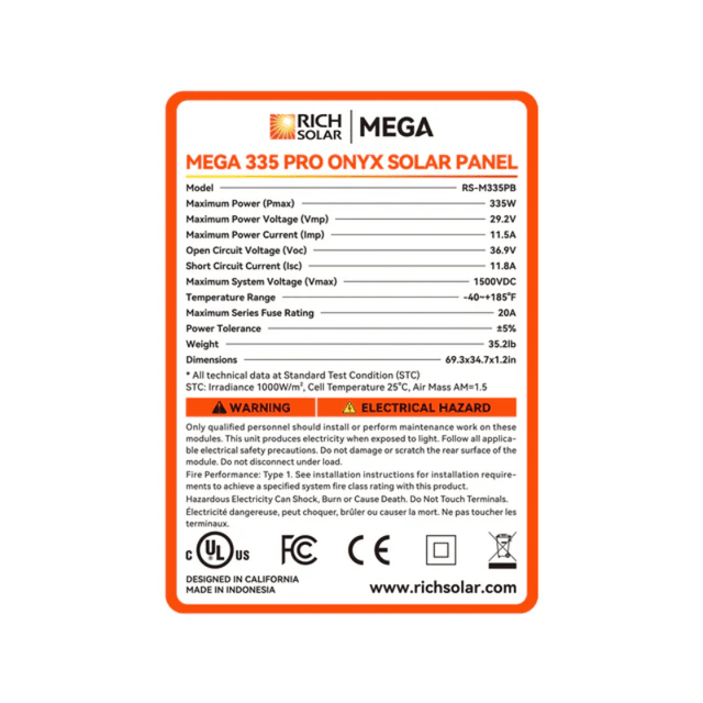 Rich Solar MEGA 335W PRO Solar Panel | 25-Year Output Warranty - ShopSolar: Complete Solar Kits + Lifetime Customer Support