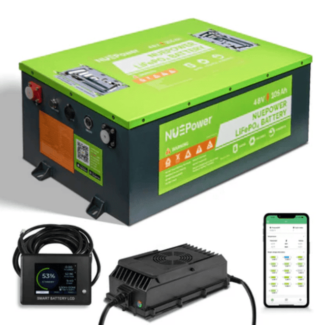 NUEPower 48V 105Ah LiFePO4 Battery & Smart Charger Kit | 5,120Wh | IP65 Metal Case | Bluetooth + LCD | 5-Year Warranty - ShopSolar: Complete Solar Kits + Lifetime Customer Support