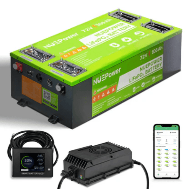 NUEPower 72V 105Ah LiFePO4 Battery & Smart Charger Kit | 7,680Wh | IP65 Metal Case + Bluetooth & LCD | Off-Grid, EV & Marine Ready | 5-Year Warranty - ShopSolar: Complete Solar Kits + Lifetime Customer Support