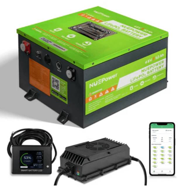 NUEPower 48V 52Ah Metal Case LiFePO4 Battery + Smart Charger Kit | 2,560Wh | IP65 | Bluetooth + LCD + GPS | 5-Year Warranty - ShopSolar: Complete Solar Kits + Lifetime Customer Support