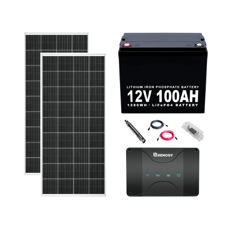 Complete RV Solar Panel Kit - 30A DC-DC Charger + [1 x 12V Lithium Battery] + 2 x 200W 12V Mono Solar Panels | Off-Grid, Mobile, RV [RV-PLUS]