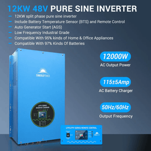 Sungold Power 12kW 48V Split-Phase Pure Sine Wave Inverter Charger | 36,000W Surge | 120/240V Output (240V Input) | 115A Charger (PFC) | AGS + Remote + BTS | No MPPT - ShopSolar: Complete Solar Kits + Lifetime Customer Support