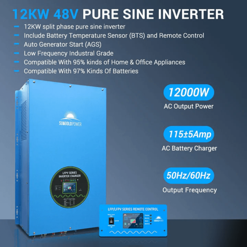 Sungold Power 12kW 48V Split-Phase Pure Sine Wave Inverter Charger | 36,000W Surge | 120/240V Output (240V Input) | 115A Charger (PFC) | AGS + Remote + BTS | No MPPT - ShopSolar: Complete Solar Kits + Lifetime Customer Support