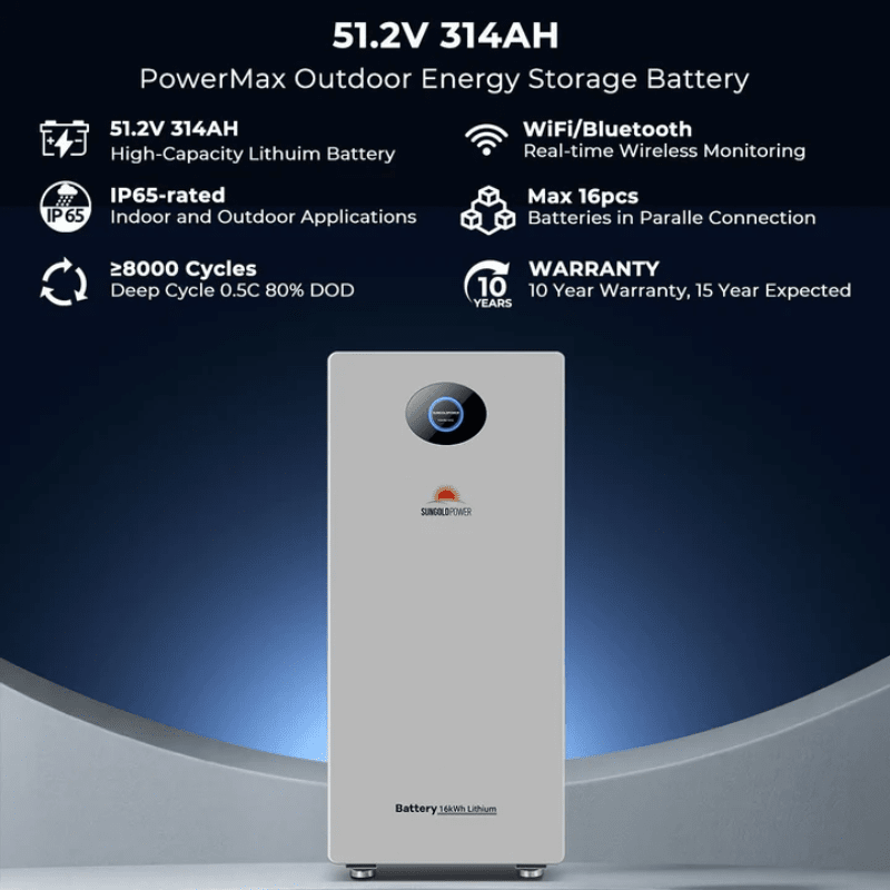 Sungold Power PowerMax 314 Outdoor LiFePO4 Battery | 51.2V 314Ah (16.07kWh) | IP65 | UL1973 & UL9540A | WiFi/Bluetooth | 10-Year Warranty - ShopSolar: Complete Solar Kits + Lifetime Customer Support
