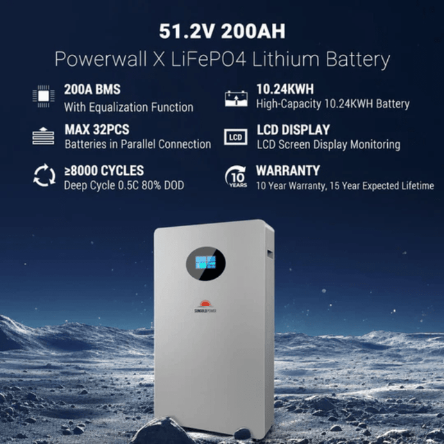 SunGold Power Powerwall X 51.2V 200Ah LiFePO4 Battery | 10.24kWh Solar Energy Storage with Touchscreen & BMS | 10-year Warranty - ShopSolar.com