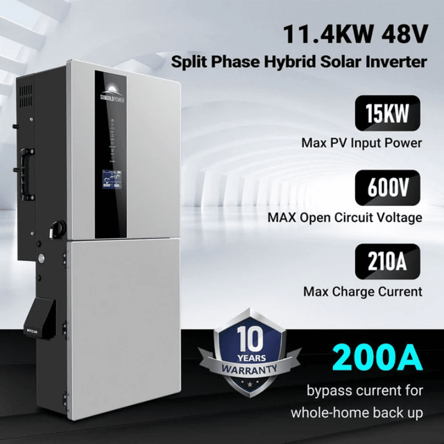 SunGoldPower 11.4kW 48V Split Phase Hybrid Solar Inverter | Whole Home Backup (200A) | SGN-11K15PRO | 15kW PV Input, 3 MPPT, UL Certified | 10-Year Warranty - ShopSolar: Complete Solar Kits + Lifetime Customer Support