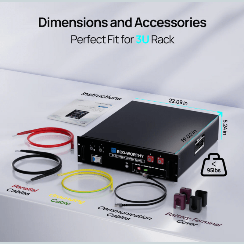 EcoWorthy 5.12kWh 51.2V Server Rack Battery | 3U | w/ Bluetooth & WiFi | 10-Year Warranty - ShopSolar: Complete Solar Kits + Lifetime Customer Support