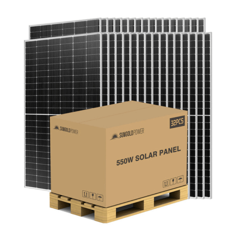 SunGold Power 550W Mono PERC Solar Panel Pallet (32 Panels) | UL 61730 + CEC Listed | 21.3% Eff. | 25-Year Output + 12-Year Workmanship Warranty