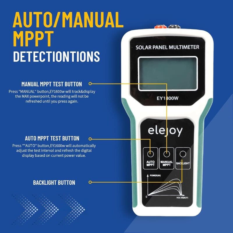 Elejoy 1800W MPPT Solar Panel Multimeter & Watt Meter | Portable PV Performance Tester | No Battery Required | Includes MC-4 & Alligator Clips