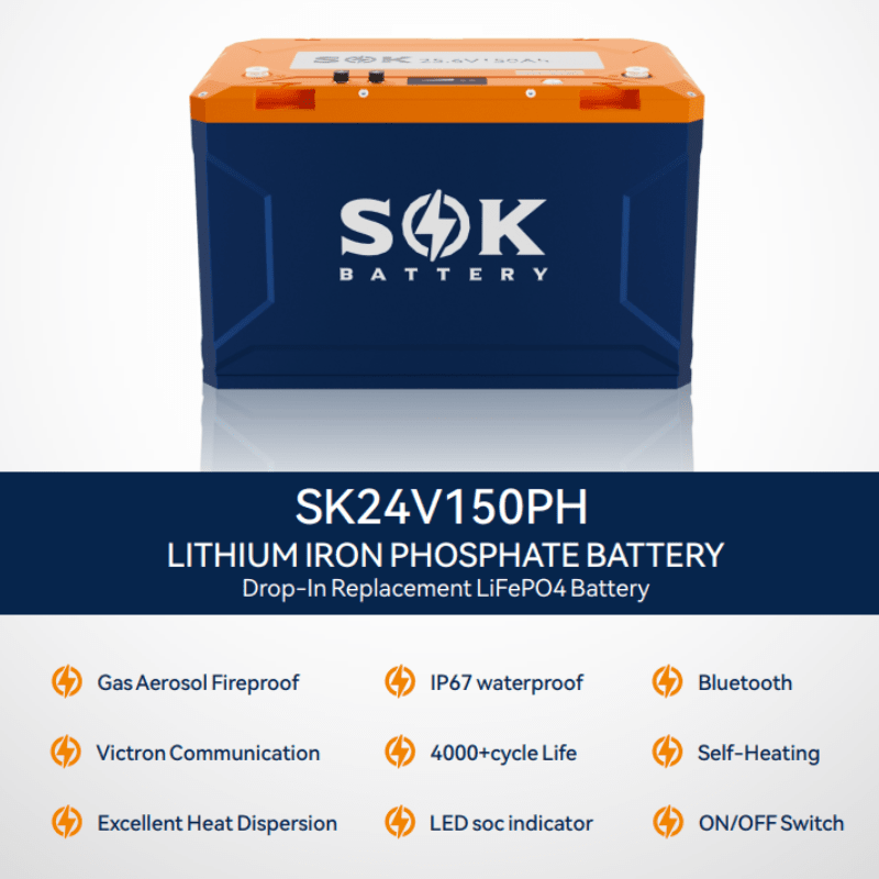 SOK 150Ah 24V LiFePO4 Battery | 3.84kWh | Bluetooth, Built‑In Heater + CANBus | SK24V150PH | 15,000+ Cycles | 7‑Year Warranty - ShopSolar: Complete Solar Kits + Lifetime Customer Support