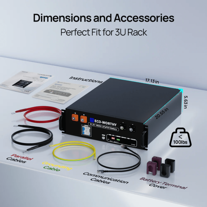 Eco-Worthy [V3] 48V 51.2V 100Ah Server Rack Lithium Battery | 5.12kWh | 3U | Bluetooth & WiFi | 6,000 Cycles | 10-Year Warranty - ShopSolar: Complete Solar Kits + Lifetime Customer Support