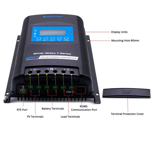 ACOPOWER Midas 40A MPPT Negative Ground Solar Panel Charge Controller LCD Display - ShopSolar.com