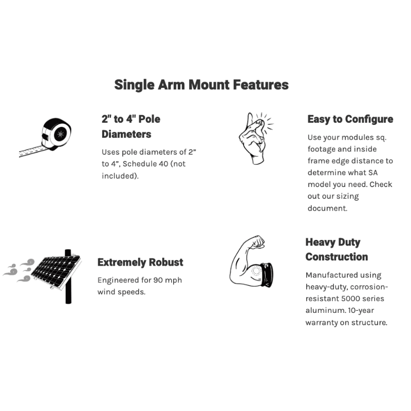 Tamarack Solar UNI-SA Single-Arm Side-of-Pole Mount | 2"–4" Sch 40 Poles | 90 MPH Rated | 5000-Series Aluminum | 10-Year Warranty - ShopSolar: Complete Solar Kits + Lifetime Customer Support