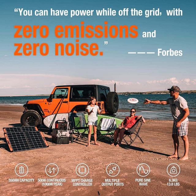 Jackery power station and panels setup at the beach with family - ShopSolarKits.com