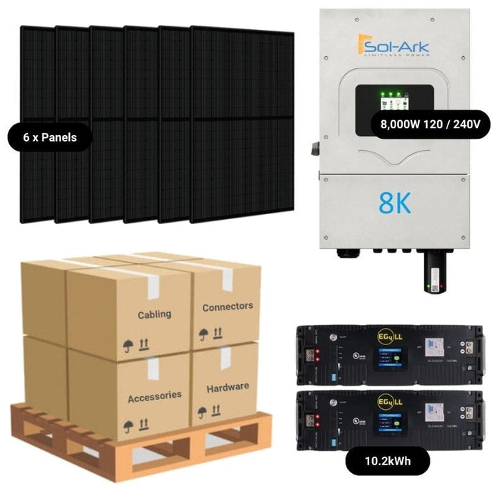 2.4kW Complete Solar Power System - Sol-Ark 8K 120/240V + [10.24kWh Lithium Battery Bank] + 6 x 400W Mono Solar Panels | Includes Schematic [BPK-PLUS]