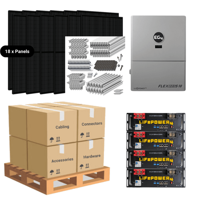 7.38kW Complete Solar Power System + EG4 FlexBOSS18 + [20.48kWh - 28.6kWh Lithium Battery Bank] + 18 x 410W Solar Panels + Setup Schematic [BPK-PLUS]