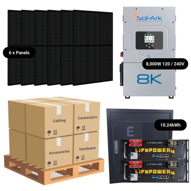 2.46kW Complete Solar Power System - Sol-Ark 8K 120/240V + [10.24kWh-14.3kWh Lithium Battery Bank] + 6 x 410W Mono Solar Panels | Includes Schematic [BPK-PLUS]