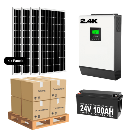 Complete Off-Grid Solar Kit - 2,400W 120V/24VDC [2.56-5.12kWh Battery Bank] + 4 x 200W Solar Panels | Off-Grid, Mobile, Backup [RPK-PLUS]