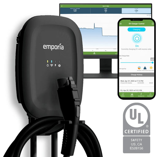 Emporia EV Charger Black | Energy Star | Ul Listed | 48 Amp | 24' Cable | 22" Nema 14-50 - ShopSolar.com