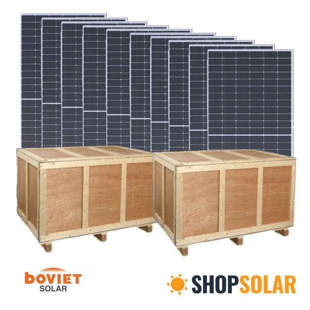 Boviet 450W Bifacial Solar Panel (Silver) | Up to 540W with Bifacial Gain BVM6612M-450S-H-HC-BF-DG | Full Pallet (30 pcs) - 13.5kW Total - ShopSolar.com