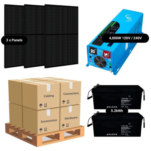 Complete Off-Grid Solar Kit - 4,000W 120/240V Output [2.4kWh-5.2kWh 12V Battery Bank] + 3 x 200W Mono Solar Panels | Off-Grid, Mobile, Backup [RPK-MAX] - ShopSolar.com