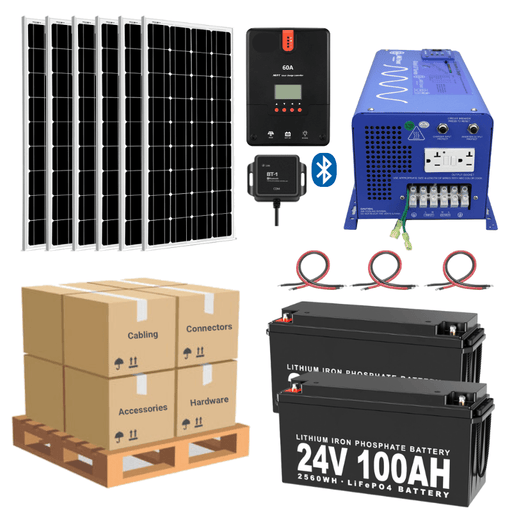 Complete Solar Panel Kit - 3,000W Inverter / Charger 120V Output / 24VDC + [5.12kWh-7.68kWh Lithium Battery Bank] + 6 x 200W Solar Panels [LPK-PRO] - ShopSolar.com