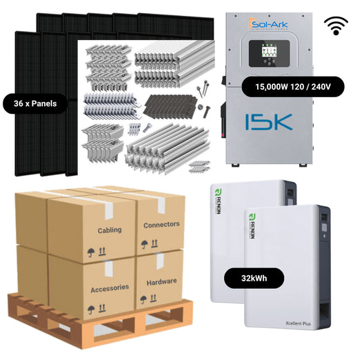 14.76kW Complete Solar Power System - Sol-Ark 15K + [28.6kWh-30.72kWh Lithium Battery Bank] + 36 x 410W Solar Panels + Setup Schematic [HPK-MAX]