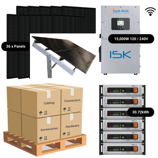 14.76kW Complete Solar Power System - Sol-Ark 15K + [28.6kWh-30.72kWh Lithium Battery Bank] + 36 x 410W Solar Panels + Setup Schematic [HPK-MAX]