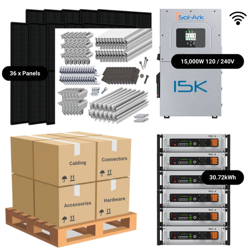 14.76kW Complete Solar Power System - Sol-Ark 15K + [28.6kWh-30.72kWh Lithium Battery Bank] + 36 x 410W Solar Panels + Setup Schematic [HPK-MAX]