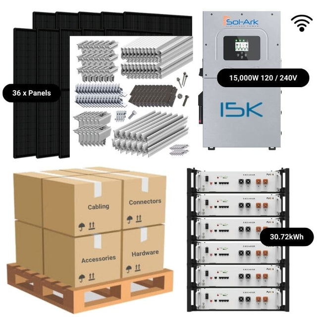 14.76kW Complete Solar Power System - Sol-Ark 15K + [28.6kWh-30.72kWh Lithium Battery Bank] + 36 x 410W Mono Solar Panels | Includes Schematic [HPK-MAX]