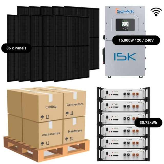 14.76kW Complete Solar Power System - Sol-Ark 15K + [28.6kWh-30.72kWh Lithium Battery Bank] + 36 x 410W Mono Solar Panels | Includes Schematic [HPK-MAX]