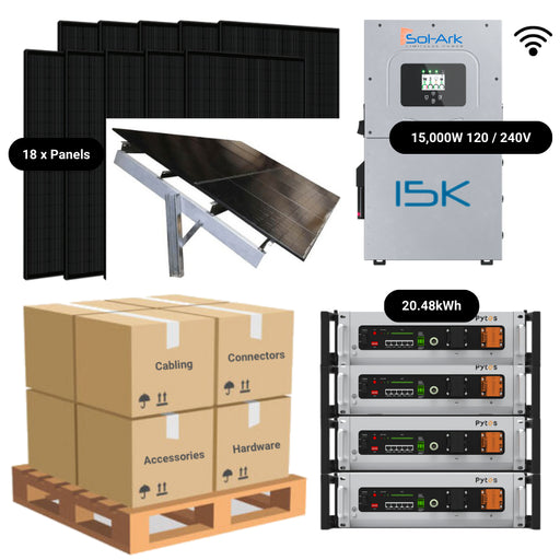 7.38kW Complete Solar Power System - Sol-Ark 15K + [20.48kWh - 28.6kWh Lithium Battery Bank] + 18 x 410W Solar Panels + Setup Schematic [HPK-PLUS]