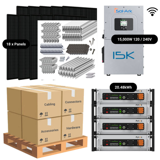 7.38kW Complete Solar Power System - Sol-Ark 15K + [20.48kWh - 28.6kWh Lithium Battery Bank] + 18 x 410W Solar Panels + Setup Schematic [HPK-PLUS]
