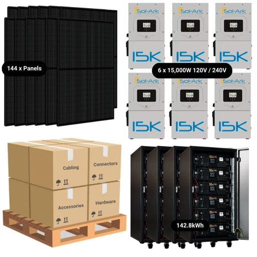 56.8kW Solar Power System  - 6 x Sol-Ark 15K's + [142.8kWh Lithium Battery Bank] 144 x 395W Solar Panels | Complete Solar Power System [ISK-MAX] - ShopSolar.com