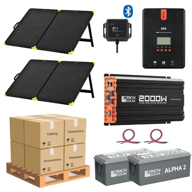 Complete Solar Panel Kit - 2,000W Pure Sine Wave Inverter + [12V Battery Bank] + 2 x 200W Mono Solar Panels | Off-Grid, Mobile, Backup [LPK-PLUS] - ShopSolar.com